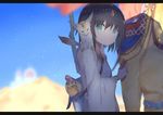  animal animal_on_shoulder aqua_eyes arabian_clothes bag bangs black_hair blurry camel closed_mouth commentary_request depth_of_field eyebrows_visible_through_hair holding kanase_(mcbrwn18) letterboxed long_sleeves looking_at_viewer original outdoors satchel scroll solo upper_body wide_sleeves 