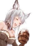  :d ^_^ alcohol bangs beer beer_mug blush breasts brown_dress brown_gloves closed_eyes commentary_request cup dress drink elbow_gloves erune gloves granblue_fantasy hana_mori hand_up highres holding holding_cup korwa large_breasts long_hair open_mouth silver_hair simple_background smile solo teeth upper_body white_background 