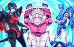  80s arcee autobot blue_background blue_eyes chromia commentary_request full_body glowing glowing_eyes holding holding_weapon insignia lips lipstick machinery makeup mecha mechanical_wings multiple_girls no_humans oldschool robot smile sword tack_(dnet) transformers weapon windblade wings 
