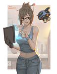  backlighting bead_bracelet beads black-framed_eyewear black_gloves bracelet breasts brown_eyes brown_hair building casual character_name cleavage cloud cloudy_sky copyright_name cowboy_shot drawstring drone flag floating glasses gloves hair_bun hair_ornament hair_stick highres holding jewelry large_breasts lips looking_at_viewer mei_(overwatch) midriff mizu_(dl7613) open_mouth outdoors overwatch pants pointing robot short_hair single_glove sky sleeveless smile snowball_(overwatch) snowing solo tablet_pc tank_top 