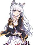  alternate_costume animal_ears bangs belt blue_eyes blush breasts cat_ears closed_mouth commentary_request eyebrows_visible_through_hair finger_to_mouth granblue_fantasy korwa long_hair long_sleeves looking_away medium_breasts silver_hair simple_background solo tsuedzu uniform white_background 