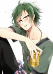  1boy alcohol beer beer_can black_pants blush bolo_tie can clothes_around_waist collarbone drunk elbow_on_knee glasses green_eyes green_hair green_shirt hazuki_natsu holding holding_can idolish_7 knee_up looking_at_viewer male_focus nikaido_yamato pants parted_lips plaid plaid_shirt rimless_eyewear shirt shirt_around_waist short_sleeves sitting smile solo twitter_username 