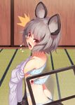  1girl angry animal_ears back blush bra cinderella_bust d: flying_sweatdrops full-face_blush grey_hair kaiza_(rider000) looking_at_viewer lowres mouse_ears mouse_tail nazrin open_mouth panties recording red_eyes shirt short_hair simple_background solo surprised tail touhou underwear underwear_only v-shaped_eyebrows white_background 