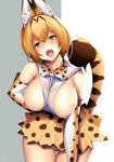  animal_ears bare_shoulders blonde_hair blush bow bowtie breasts breasts_outside elbow_gloves gloves highres kemono_friends large_breasts leaning_forward looking_at_viewer nipples open_mouth panties saliva serval_(kemono_friends) serval_ears serval_print serval_tail short_hair solo tail thigh_gap tony_guisado underwear yellow_eyes 