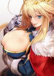  ahoge artoria_pendragon_(all) artoria_pendragon_(lancer) blonde_hair blue_eyes breasts bursting_breasts cleavage fate_(series) gauntlets huge_ahoge huge_breasts looking_at_viewer short_hair solo yude 