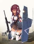  belt_buckle boots breasts buckle dark_skin fangdan_runiu full_body girls_frontline gloves gun hand_on_own_chest highres holding impossible_clothes kneeling large_breasts long_hair looking_at_viewer no_hat no_headwear official_art purple_hair rifle saiga-12 saiga-12_(girls_frontline) skirt solo thighhighs torn_clothes torn_legwear twintails weapon white_legwear yellow_eyes 