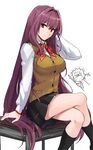  1girl bad_id bad_twitter_id blush book breasts commentary_request crossed_legs fate/grand_order fate/stay_night fate_(series) gae_bolg highres homurahara_academy_uniform lancer large_breasts legs long_hair looking_at_viewer on_table polearm purple_hair red_eyes scathach_(fate)_(all) scathach_(fate/grand_order) school_uniform shimo_(s_kaminaka) sitting smile solo_focus spear table very_long_hair weapon 