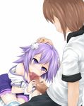  1boy 1girl bare_shoulders blush breasts brown_hair choujigen_game_neptune clavicle d-pad dress fellatio hair_ornament hand_on_another&#039;s_head hetero hooded_jacket kami_jigen_game_neptune_v large_penis looking_at_another neptune_(choujigen_game_neptune) neptune_(series) oral penis precum purple_eyes purple_hair short_hair uncensored 