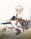  blonde_hair blue_eyes boots chilunchilun girls_frontline gun highres holding knife m1897_(girls_frontline) official_art short_hair shotgun shotgun_shells single_boot solo thighhighs torn_clothes weapon white_legwear 
