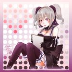  :p black_legwear breasts cleavage commentary_request drill_hair elbow_gloves gloves gothic_lolita idolmaster idolmaster_cinderella_girls kanzaki_ranko lolita_fashion long_hair medium_breasts red_eyes silver_hair sketchbook smile solo thighhighs tongue tongue_out twin_drills twintails unier 