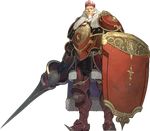  armor armored_boots beard boots cape crown facial_hair fire_emblem fire_emblem_echoes:_mou_hitori_no_eiyuuou full_body fur_trim gloves hidari_(left_side) lance long_hair male_focus official_art polearm rudolf_(fire_emblem) shield transparent_background weapon white_hair 