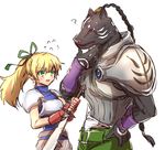  1boy 1girl ? armor belt blonde_hair blush braid breasts brown_eyes eugene_gallardo fingerless_gloves furry gloves green_eyes long_hair lymle_aileron medium_breasts open_mouth pants ponytail ribbon shoulder_pads sword tales_of_(series) tales_of_destiny_2 tales_of_rebirth weapon 