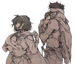 3boys armor baby babywearing bandaged_arm bandages brothers cape carrying cloak closed_eyes couple covered_mouth cowboy_shot family father_and_son fingerless_gloves fire_emblem fire_emblem:_fuuin_no_tsurugi fire_emblem:_rekka_no_ken gloves greyscale hairband hetero husband_and_wife jaffar_(fire_emblem) knife lleu_(fire_emblem) long_sleeves looking_afar lugh_(fire_emblem) mask midriff monochrome mother_and_son multiple_boys nino_(fire_emblem) olee partially_colored profile sheath sheathed siblings simple_background sleeping sword twins vambraces weapon white_background 