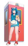  animal_ears bell blue_hair choker doraemon doraemon_(character) go_robots hand_in_pocket highres holding hood hoodie no_pants open_mouth personification simple_background sleeveless sleeveless_hoodie solo tail wristband yellow_eyes 