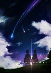  1girl absurdres cloud comet commentary_request copyright_name diffraction_spikes highres holding_hands jen_(mecome96) kimi_no_na_wa miyamizu_mitsuha night night_sky red_ribbon ribbon short_hair silhouette sky star_(sky) starry_sky tachibana_taki 