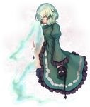  black_hat dress frilled_dress frilled_sleeves frills full_body ghost_tail green_dress green_eyes green_hair hair_between_eyes hat hat_removed headwear_removed juliet_sleeves kaiza_(rider000) leg_up long_sleeves looking_at_viewer puffy_sleeves short_hair soga_no_tojiko solo tate_eboshi touhou transparent_background wide_sleeves 