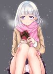  bad_id bad_pixiv_id bangs black_skirt blue_eyes blush breath brown_sweater closed_mouth commentary_request gift grey_background hamu_(plot_sy) highres holding holding_gift knees_up looking_at_viewer panties pantyshot pantyshot_(sitting) pink_panties pink_scarf pleated_skirt scarf shironeko_project silver_hair sitting skirt smile solo sparkle sweater tareme underwear upskirt valentine 