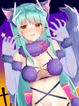  :d animal_ears arms_at_sides bangs blush breasts bug claw_pose commentary_request cosplay dangerous_beast dutch_angle eyebrows_visible_through_hair fang fate/grand_order fate_(series) fur-trimmed_gloves fur_trim gloves green_hair halloween halloween_costume hands_up highres hips kanase_(mcbrwn18) kiyohime_(fate/grand_order) large_breasts long_hair looking_at_viewer mash_kyrielight mash_kyrielight_(cosplay) o-ring o-ring_top open_mouth purple_gloves revealing_clothes smile solo spider tail upper_body wolf_ears wolf_tail yellow_eyes 