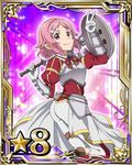  1girl armor ass breastplate card_(medium) hair_ornament hairclip holding holding_weapon lisbeth lisbeth_(sao-alo) looking_at_viewer number one_leg_raised pink_hair pointy_ears red_eyes shield short_hair smile solo star sword_art_online v weapon 