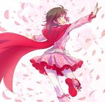  boots cape cherry_blossoms commentary cross-laced_footwear dress floral_background floral_print iesupa knee_boots lace-up_boots looking_back pantyhose petals pink_dress pink_footwear ruby_rose rwby smile 