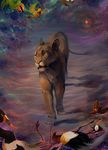  avian bird black_lips digital_media_(artwork) feline feral fur lion mammal open_mouth standing tamberella tan_fur 