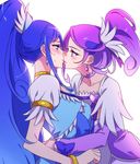  blue_eyes blue_hair blush choker cure_diamond cure_sword dokidoki!_precure earrings eye_contact hair_ornament heart hishikawa_rikka hug imminent_kiss jewelry kenzaki_makoto long_hair looking_at_another magical_girl multiple_girls negom ponytail precure purple_eyes purple_hair short_hair simple_background spade_earrings spade_hair_ornament white_background yuri 