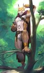  2017 anklet anthro armor armpits belt blue_eyes bulge cape claws clothing feline gesture jewelry leaning looking_at_viewer lynx male mammal markings muscular pecs penis shoulder_guard smile solo tongue translucent transparent_clothing tree underwear vu06 wet_underwear 