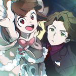  1girl :d andrew_hanbridge arm_up bangs bare_arms bare_shoulders black_jacket bow breast_pocket brown_dress brown_hair chromatic_aberration collarbone dress formal from_above fur-trimmed_dress green_eyes green_hair half-closed_eyes jacket kagari_atsuko little_witch_academia long_hair looking_at_viewer looking_up ml_(xjtn3257) necktie open_mouth outstretched_arm parted_lips pocket purple_shirt red_bow red_eyes red_neckwear round_teeth shirt smile standing suit teeth tiara 