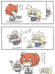  3girls 3koma :&lt; :3 ahoge angeltype animal_ears armor armored_dress bangs black_bow black_cape black_skirt blonde_hair blue_cape blush_stickers bow bowl braid brown_eyes cape cat_ears cat_tail closed_mouth collared_shirt comic cross eyebrows_visible_through_hair fate/grand_order fate_(series) fish food_in_mouth food_theft fujimaru_ritsuka_(female) grey_eyes hair_between_eyes hair_bow hair_ornament hair_scrunchie headpiece heart holding holding_bowl jeanne_d'arc_(alter)_(fate) jeanne_d'arc_(fate) jeanne_d'arc_(fate)_(all) jitome long_hair long_sleeves looking_at_another looking_up motion_lines multiple_girls o_o orange_hair pantyhose peeping pet_bowl ponytail scrunchie shadow shirt short_hair side_ponytail simple_background single_braid skirt smile solid_circle_eyes speed_lines squatting squiggle standing tail translation_request white_background white_shirt 