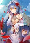  blue_hair blush breasts bridal_gauntlets cleavage commentary_request day dress flower girls_frontline hair_flower hair_ornament highres jewelry large_breasts long_hair mother_and_daughter multiple_girls orange_eyes petals red_flower red_rose ring rose rose_hair_ornament tar-21_(girls_frontline) veil wedding_dress wedding_ring yueqin_(monnpiano) 