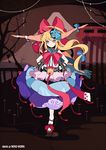  &gt;:) artist_name bare_tree bell blonde_hair blue_scarf bow brown_eyes closed_mouth full_body hair_bow hands_on_hips head_tilt horns ibuki_suika ideolo long_hair mask oni oni_mask revision scarf skirt smile solo torii touhou tree v-shaped_eyebrows 