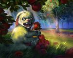  apple day detailed_background digital_media_(artwork) food fruit fur grass green_fur horn monster open_mouth outside paws tamberella teeth 