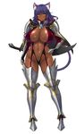  1girl animal_ears aoi_nagisa_(artist) aoi_nagisa_(metalder) areolae armor armored_boots bikini_armor blue_hair blush boots breasts capelet cat_ears cat_tail dark_elf dark_skin delva_celebrian elf full_body gradient_hair highres huge_breasts long_hair monster_girl multicolored_hair navel official_art pointy_ears purple_hair serious shiny shiny_skin simple_background solo sword thigh_boots thighhighs weapon white_background yellow_eyes youkoso!_sukebe_elf_no_mori_he 