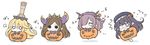  &gt;:) 4girls :&gt; :&lt; angeltype arulumaya bangs black_bow black_hair black_hat black_neckwear black_ribbon blonde_hair blunt_bangs blush_stickers bow bowtie brown_hair charlotta_fenia chibi closed_mouth crown eighth_note eyebrows_visible_through_hair eyepatch flipped_hair flying_sweatdrops food_themed_hair_ornament granblue_fantasy hair_between_eyes hair_ornament hair_over_one_eye hair_ribbon hair_stick harvin hat hat_bow jack-o'-lantern jitome jumping long_hair lunalu_(granblue_fantasy) medical_eyepatch mole mole_under_eye multiple_girls musical_note nio_(granblue_fantasy) o_o open_mouth parted_bangs pointy_ears ponytail pumpkin_costume pumpkin_hair_ornament purple_bow purple_hair purple_neckwear ribbon shadow sidelocks simple_background smile solid_circle_eyes sparkle striped striped_bow striped_neckwear tiara tripping v-shaped_eyebrows white_background 