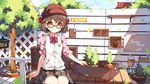  arm_at_side artist_name bangs bench blurry blush bow bowtie box brown_hair brown_skirt buttons cabbie_hat closed_mouth cloud collared_shirt commentary_request cowboy_shot crest dango_remi day drawer ears_visible_through_hair emblem eyebrows_visible_through_hair falling_leaves fence flower_pot hair_bow hat lantern leaf legs_together long_sleeves looking_at_viewer medium_skirt motion_blur original outdoors pink_shirt plaid plaid_skirt plant pocket potted_plant red_bow red_hat red_neckwear rock school_uniform shirt short_hair sitting skirt sleeve_cuffs sleeves_folded_up sleeves_pushed_up smile solo spring_(season) sweater_vest thick_eyebrows tree trellis wallpaper wind_chime wing_collar wooden_fence yellow_eyes 