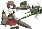 aiming aircraft airplane armor bangs bike_shorts black_legwear blush bow_(weapon) brown_eyes brown_hair closed_mouth commentary_request cowboy_shot crossbow eyebrows eyebrows_visible_through_hair hair_between_eyes headband headgear kantai_collection long_sleeves machinery miniskirt pleated_skirt propeller rigging rureizi short_hair simple_background skirt solo taihou_(kantai_collection) thighhighs weapon white_background 