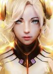  blonde_hair blue_eyes bodysuit commentary_request derivative_work eyelashes face haohe_buguo headgear highres light_particles lips long_hair looking_at_viewer mercy_(overwatch) overwatch parted_lips photorealistic pink_lips portrait realistic shards solo turtleneck 