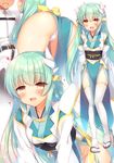  1girl :d aqua_hair ass belt bent_over blush breasts commentary_request fate/grand_order fate_(series) from_behind fujimaru_ritsuka_(male) hair_ornament head_out_of_frame heart hetero horns japanese_clothes kimono kiyohime_(fate/grand_order) large_breasts long_hair looking_at_viewer multiple_views no_panties obi open_mouth panties pelvic_curtain profile sandals sash sazaki_ichiri smile tabi thighhighs underwear white_legwear white_panties yellow_eyes zouri 