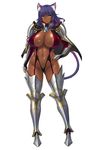  1girl animal_ears aoi_nagisa_(artist) aoi_nagisa_(metalder) areolae armor armored_boots bikini_armor blue_hair boots breasts capelet cat_ears cat_tail dark_elf dark_skin delva_celebrian elf full_body gradient_hair highres huge_breasts long_hair monster_girl multicolored_hair navel official_art pointy_ears purple_hair serious shiny shiny_skin simple_background solo thigh_boots thighhighs white_background yellow_eyes youkoso!_sukebe_elf_no_mori_he 