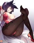  ;) ahoge ahri animal_ears artist_name black_hair blue_eyes breastless_clothes breasts bustier commentary crossed_legs english_commentary fang feet fox_ears fox_tail hair_ribbon high_heels holding holding_shoes large_breasts league_of_legends long_hair multiple_tails nanoless nipples one_eye_closed pantyhose parted_lips patreon_logo patreon_username red_footwear ribbon seamed_legwear shoes single_shoe sitting slender_waist smile solo stiletto_heels tail thighs watermark whisker_markings 