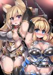  2girls animal_ears armpits arms_up bikini_armor black_gloves blonde_hair blue_eyes blush braid breasts cameltoe cleavage collar curvy elbow_gloves erect_nipples female fox_ears gloves gradient_background granblue_fantasy grin large_breasts leash leotard long_hair looking_at_viewer multiple_girls open_mouth purple_eyes rakuma_kanori razia restrained simple_background standing sweat thighhighs wide_hips yuisis_(granblue_fantasy) 