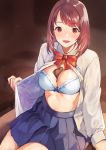  1girl :d bangs blue_bra blue_skirt blurry blurry_background blush bow bow_bra bra breasts brown_hair chocolate chocolate_heart cleavage collared_shirt commentary_request depth_of_field desk doushimasho dress_shirt eyebrows_visible_through_hair food_between_breasts heart highres indoors long_hair long_sleeves looking_at_viewer medium_breasts on_desk open_clothes open_mouth open_shirt original pleated_skirt red_bow red_eyes ribbon-trimmed_bra school_desk school_uniform shirt sitting sitting_on_desk skirt smile solo underwear white_shirt 
