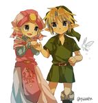  1girl blonde_hair blue_eyes hat link looking_at_another pointy_ears princess_zelda short_hair smile the_legend_of_zelda the_legend_of_zelda:_ocarina_of_time tokuura white_background young_link young_zelda younger 