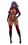  1girl aoi_nagisa_(artist) aoi_nagisa_(metalder) areola_slip areolae blush breasts dark_elf dark_skin delva_celebrian erect_nipples fingerless_gloves full_body furrowed_eyebrows gloves gluteal_fold hand_on_hip highres huge_breasts long_hair looking_at_viewer navel official_art purple_hair shiny solo standing tail transparent_background yellow_eyes youkoso!_sukebe_elf_no_mori_he 