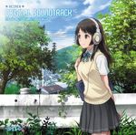  album_cover bag brown_eyes brown_hair cloud cloudy_sky coat cover day derivative_work foliage headphones long_hair mountain official_art school_bag school_uniform seiren sennheiser skirt sky smile solo sweater_vest touno_kyouko town tree 