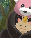  gen_1_pokemon gen_7_pokemon hug hug_from_behind koyukiyasu meowth no_humans pokemon pokemon_(anime) pokemon_(creature) pokemon_sm_(anime) rain tears 