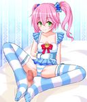  1girl bed blush censored character_request copyright_request feet feet_together footjob gloves green_eyes neko_totora no_shoes panties pink_hair sitting smile solo_focus spread_legs striped striped_legwear striped_panties thighhighs toes twintails underwear 