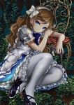  alice_(wonderland) alice_in_wonderland apron arm_support bloomers blue_eyes braid chair dress flask hair_ribbon hairband highres long_hair mary_janes pantyhose pisuke plant revision ribbon shoes solo thighhighs underwear vines white_legwear 