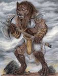  5_fingers anthro armor axe barefoot black_nose blind_eye canine day digitigrade holding_object holding_weapon male mammal melee_weapon outside sidonie solo standing traditional_media_(artwork) weapon wolf 