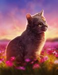  ambiguous_gender cat day detailed_background digital_media_(artwork) feline feral flower grass mammal outside plant sitting solo tamberella whiskers 